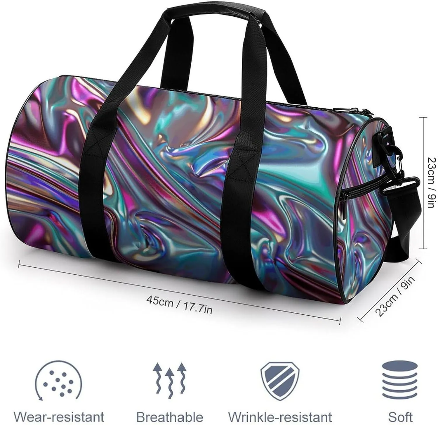 Iridescent Liquid Metal Gym Bag Small Travel Duffle Bag with Compartment Carry On Weekender Bag for Women Men