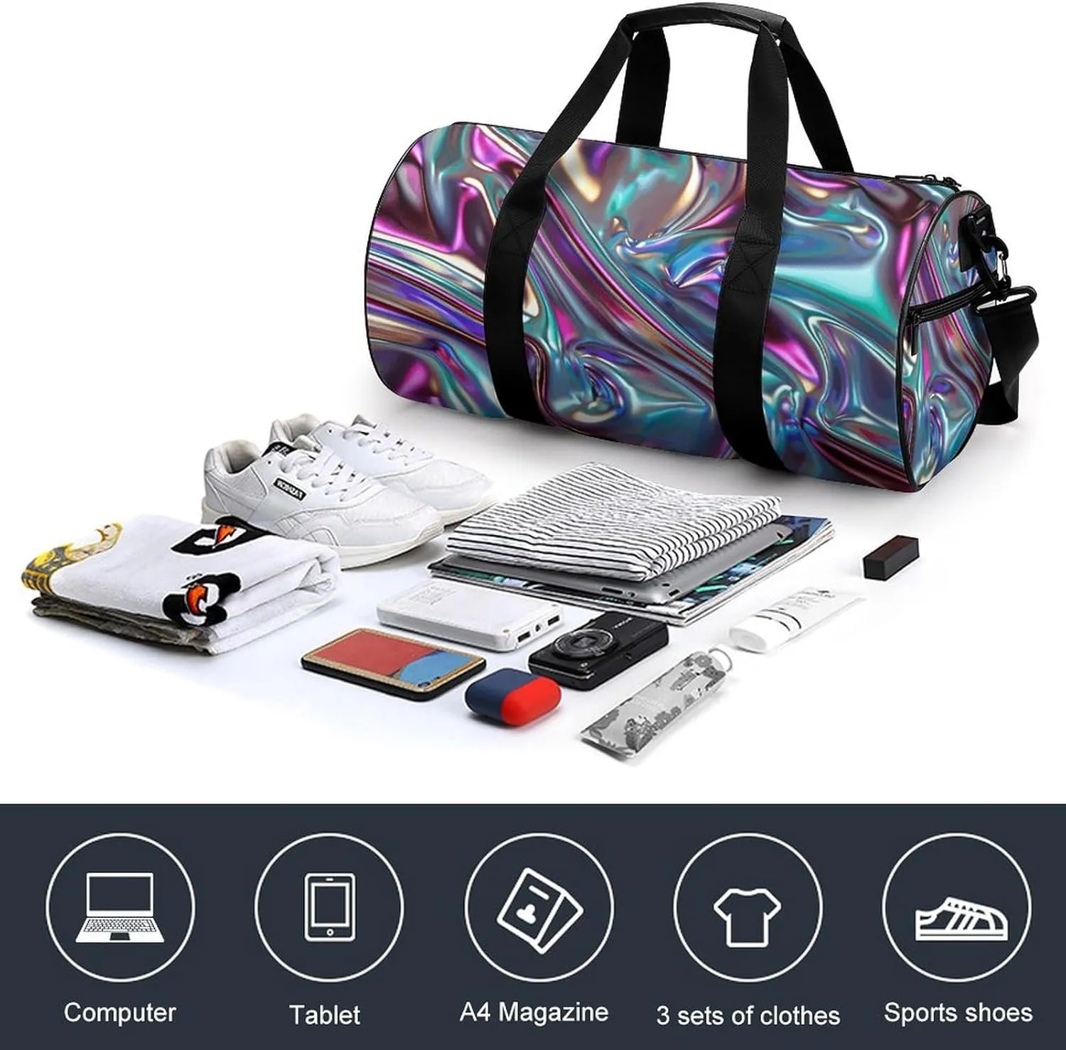 Iridescent Liquid Metal Gym Bag Small Travel Duffle Bag with Compartment Carry On Weekender Bag for Women Men