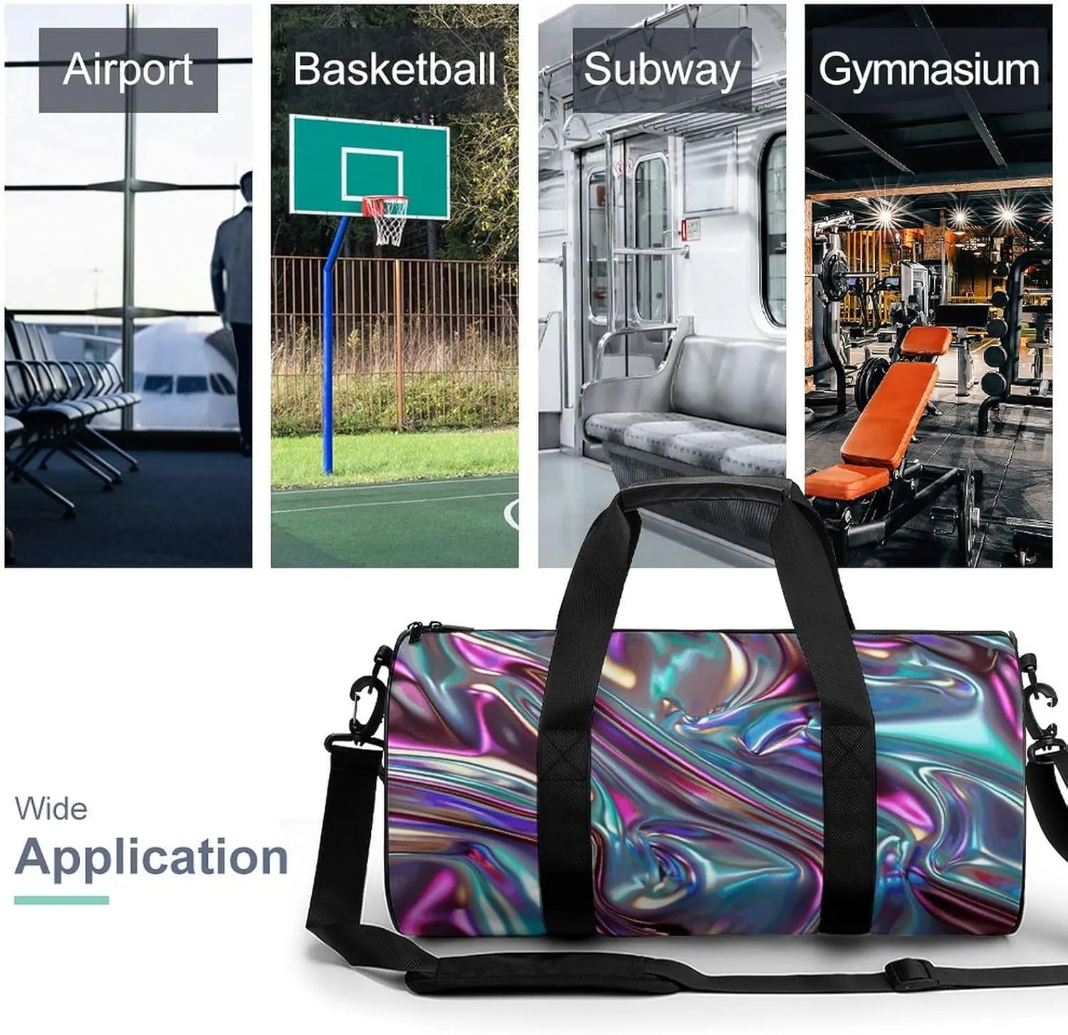 Iridescent Liquid Metal Gym Bag Small Travel Duffle Bag with Compartment Carry On Weekender Bag for Women Men