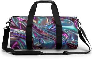 Iridescent Liquid Metal Gym Bag Small Travel Duffle Bag with Compartment Carry On Weekender Bag for Women Men