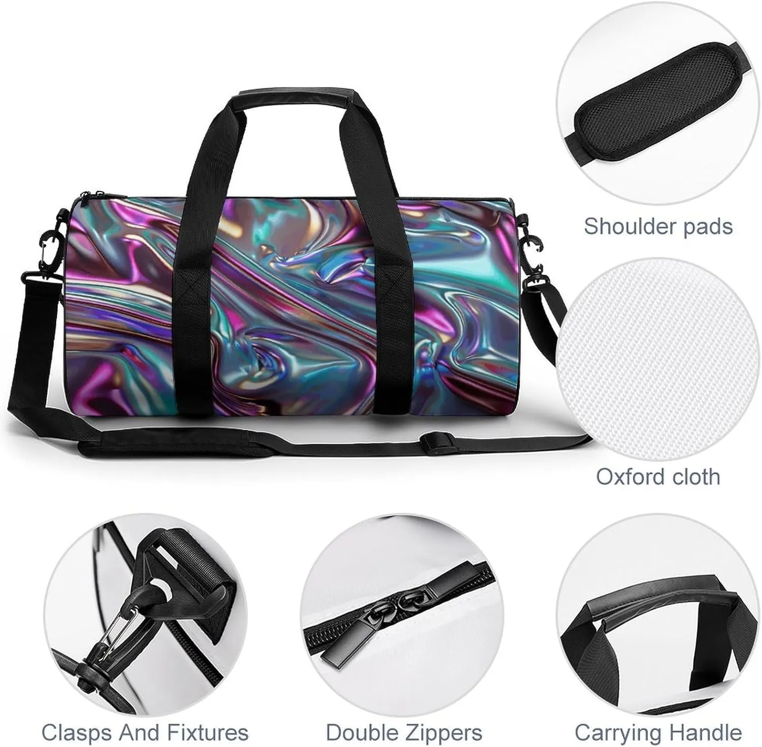 Iridescent Liquid Metal Gym Bag Small Travel Duffle Bag with Compartment Carry On Weekender Bag for Women Men