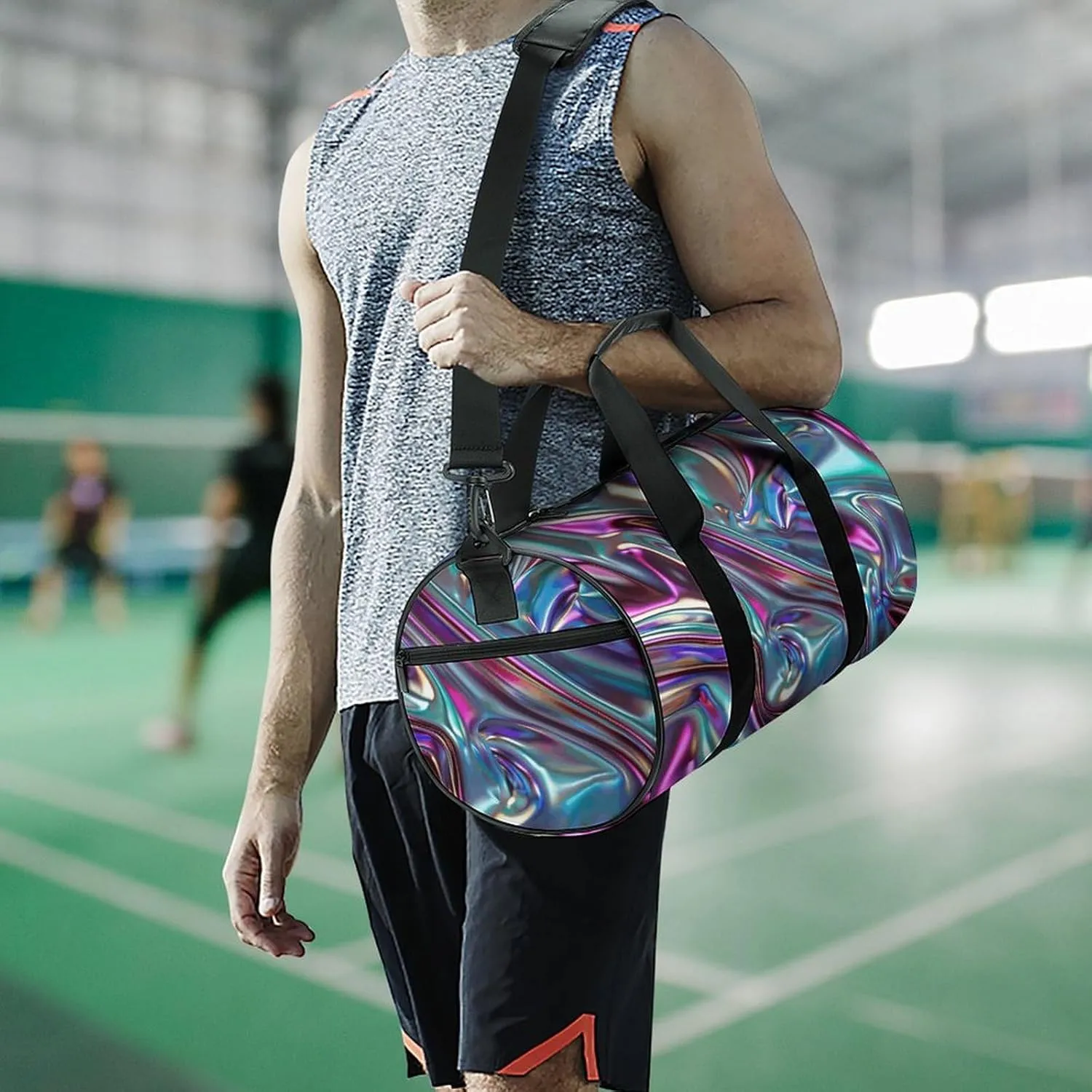 Iridescent Liquid Metal Gym Bag Small Travel Duffle Bag with Compartment Carry On Weekender Bag for Women Men