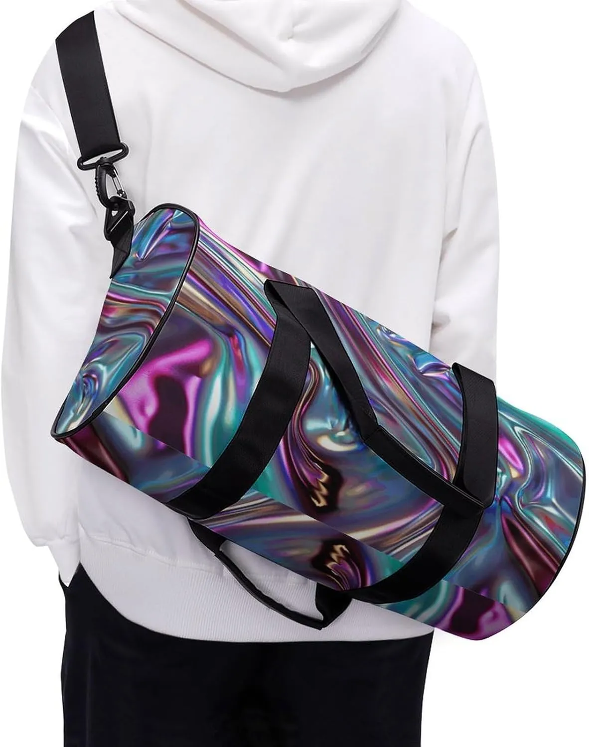 Iridescent Liquid Metal Gym Bag Small Travel Duffle Bag with Compartment Carry On Weekender Bag for Women Men