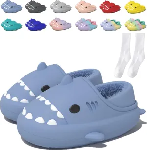 Jfxgjuv Sharklas Originales Kids Polares, Shark Slides Winter Cute Plush Animal Shark Slippers Fuzzy Warm Soft No-Slip House Shoes for Women Men Kids