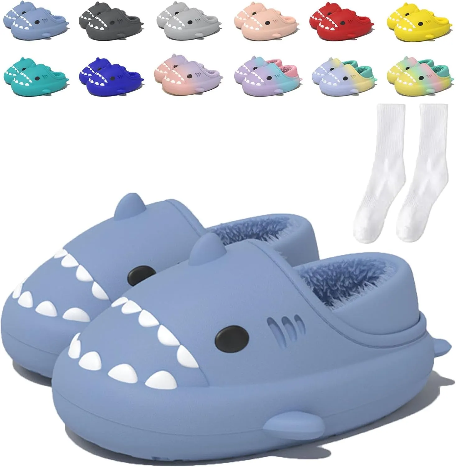 Jfxgjuv Sharklas Originales Kids Polares, Shark Slides Winter Cute Plush Animal Shark Slippers Fuzzy Warm Soft No-Slip House Shoes for Women Men Kids