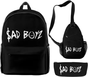 Junior H Sad Boyz Backpack Three Piece Set Casual Daypack Travel Bags (Black)