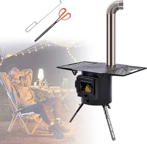 JYHHCYS Folding Wood Burning Camping Stove - Floor Standing Wood Log Burner Stove for Heating in Winter and Cooking in Summer - Small Hot Tent Stove for Garden, Cookout