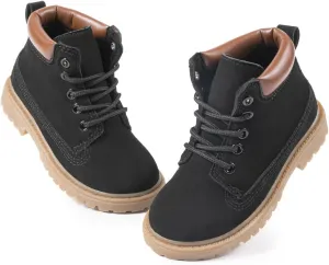 Kannior Boys Hiking Snow Boots Little Kid High Top Dress Shoes Toddler Lace Up Non-Slip Texture Sole Loafer Ankle Flats PU Leather Classic Casual Walking Work Boot(Toddler/Little Kid)