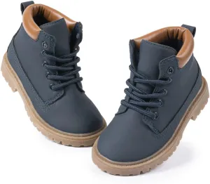 Kannior Boys Hiking Snow Boots Little Kid High Top Dress Shoes Toddler Lace Up Non-Slip Texture Sole Loafer Ankle Flats PU Leather Classic Casual Walking Work Boot(Toddler/Little Kid)