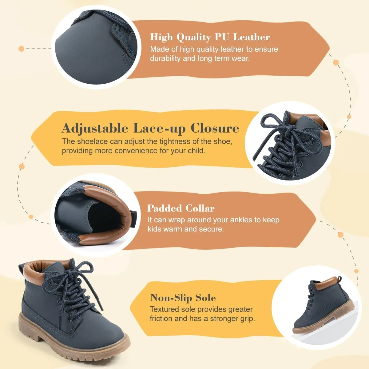 Kannior Boys Hiking Snow Boots Little Kid High Top Dress Shoes Toddler Lace Up Non-Slip Texture Sole Loafer Ankle Flats PU Leather Classic Casual Walking Work Boot(Toddler/Little Kid)