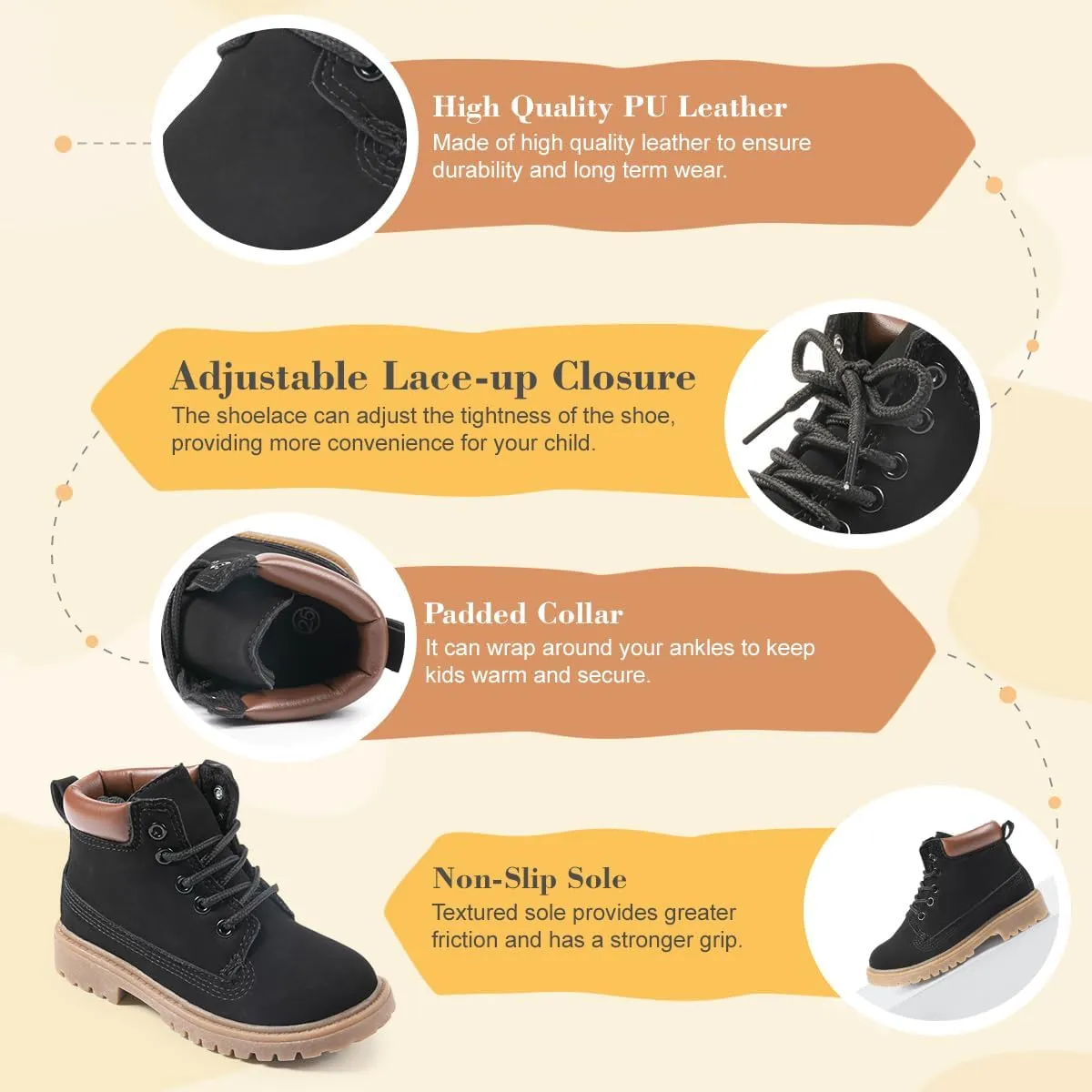 Kannior Boys Hiking Snow Boots Little Kid High Top Dress Shoes Toddler Lace Up Non-Slip Texture Sole Loafer Ankle Flats PU Leather Classic Casual Walking Work Boot(Toddler/Little Kid)