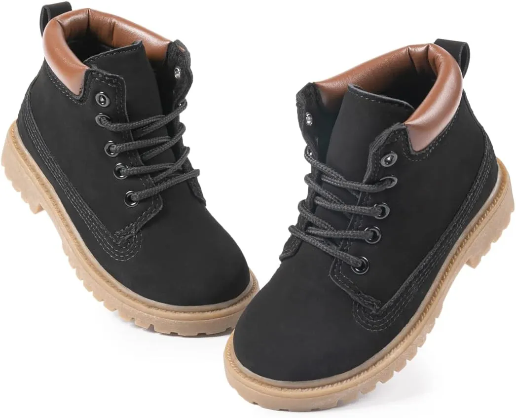 Kannior Boys Hiking Snow Boots Little Kid High Top Dress Shoes Toddler Lace Up Non-Slip Texture Sole Loafer Ankle Flats PU Leather Classic Casual Walking Work Boot(Toddler/Little Kid)
