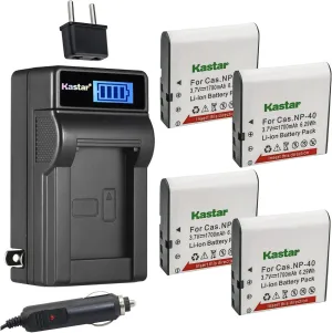 Kastar 4-Pack CNP-40 Battery and LCD AC Charger Compatible with Pamiel HDV-578, HDV-D503FS, Phisung SDV-568, SDV-568II, SDV-660, SDV-668, Praktica DVC-14.1, DVC14.1 HDMI, iR16, DX-1, DX1, DV-HD12