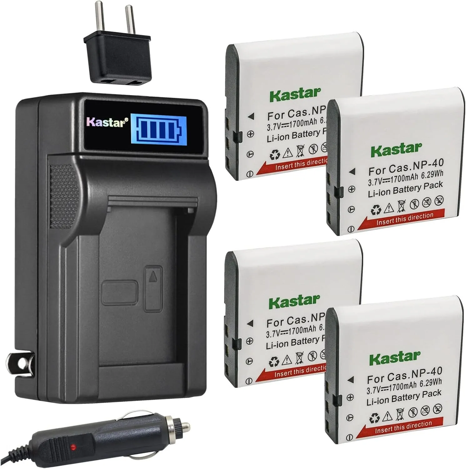 Kastar 4-Pack CNP-40 Battery and LCD AC Charger Compatible with Pamiel HDV-578, HDV-D503FS, Phisung SDV-568, SDV-568II, SDV-660, SDV-668, Praktica DVC-14.1, DVC14.1 HDMI, iR16, DX-1, DX1, DV-HD12