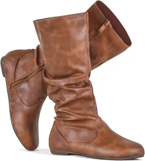 katliu Women's Slouchy Mid Calf Boots Zip up Flat Boots