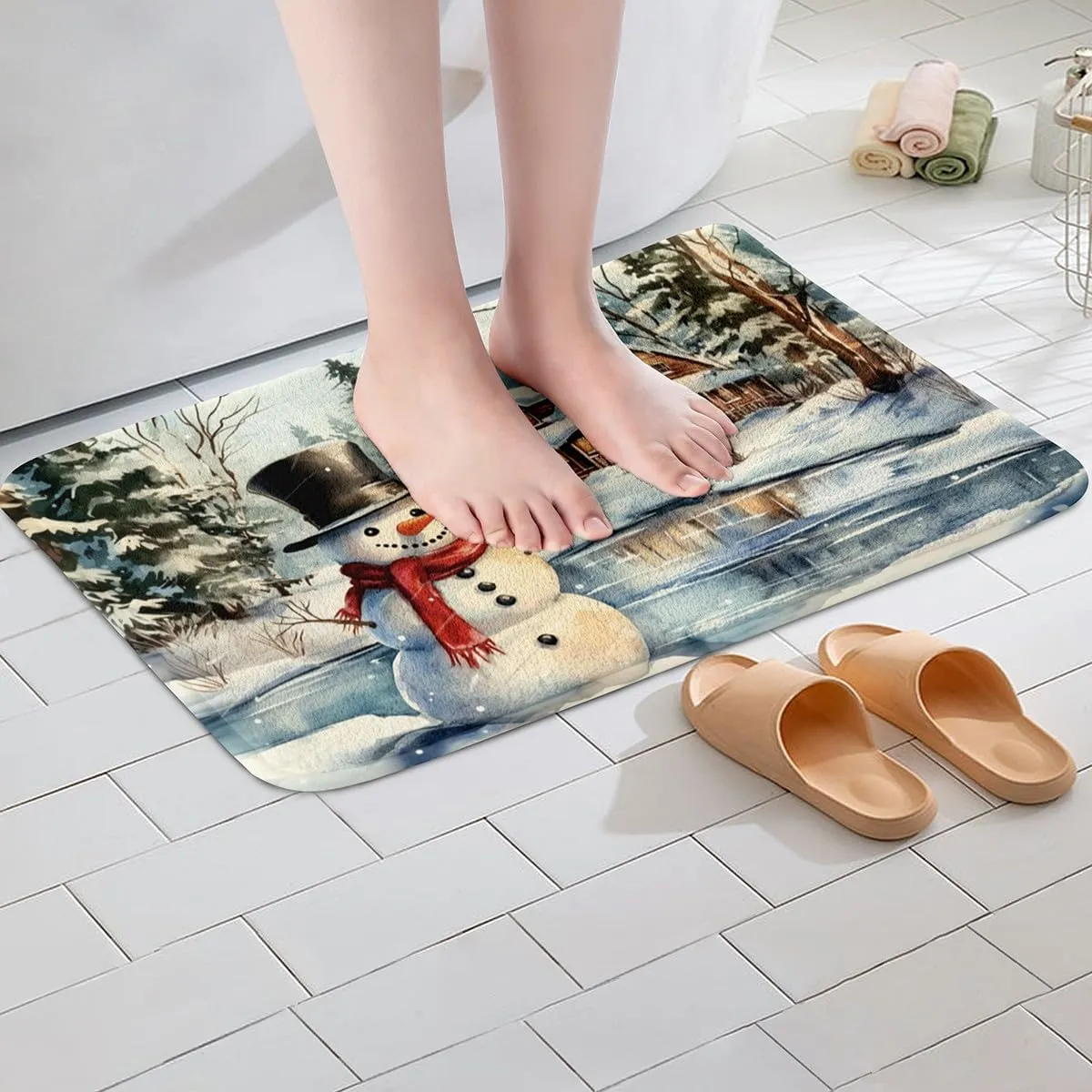 Kawaii Snowman Mats for Bathroom Rustic Lake House Snowy Cabin Jungle Pine Trees Rugs for Shower Tub Soft Shaggy Absorbent Winter Christmas Theme Xmas Gifts Bathroom Accessories 16"x24"
