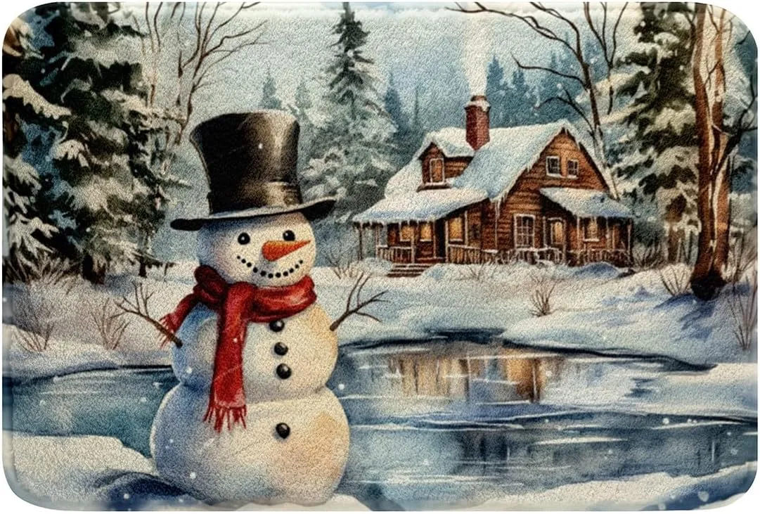 Kawaii Snowman Mats for Bathroom Rustic Lake House Snowy Cabin Jungle Pine Trees Rugs for Shower Tub Soft Shaggy Absorbent Winter Christmas Theme Xmas Gifts Bathroom Accessories 16"x24"