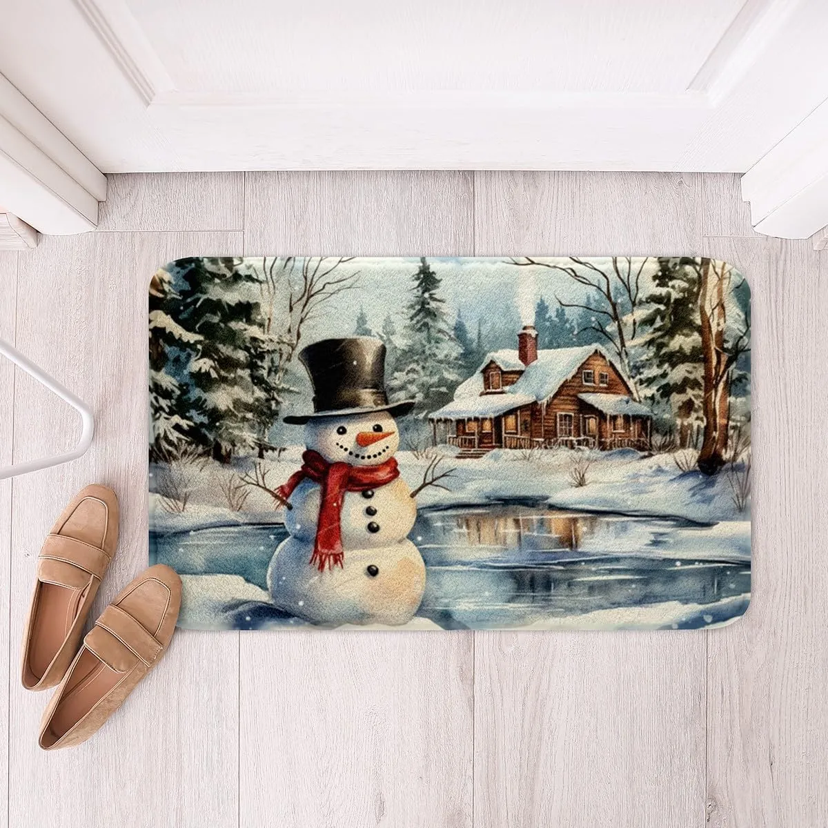 Kawaii Snowman Mats for Bathroom Rustic Lake House Snowy Cabin Jungle Pine Trees Rugs for Shower Tub Soft Shaggy Absorbent Winter Christmas Theme Xmas Gifts Bathroom Accessories 16"x24"