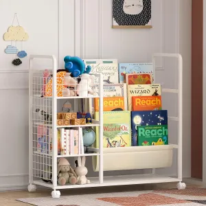 Kids Bookshelf and Toy Organizer, 3 Tier Bookshelf for Kids, Large Capacity Removable Book Shelf for Kids Rooms, Bedroom, Playroom, Nursery, Metal Toy Storage Organizer with Bookshelf, White