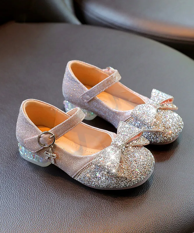 Kids Girls Silver Buckle Strap Bow Zircon Flat Shoes Faux Leather