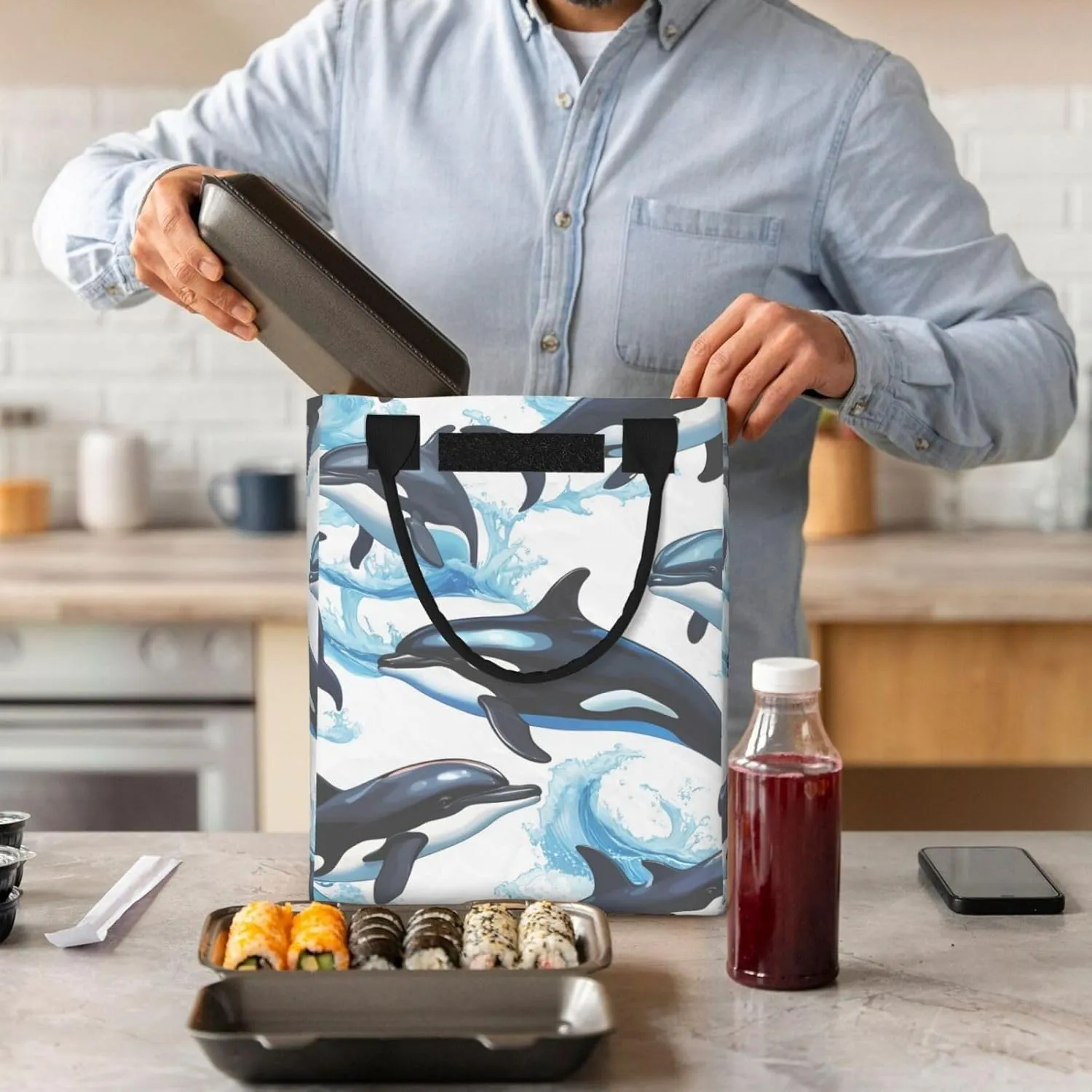 Killer Whale Dolphin Reusable Lunch Box, Paper Bag Sandwich Carrier For Adults, Ideal For Office, Gym, Travel