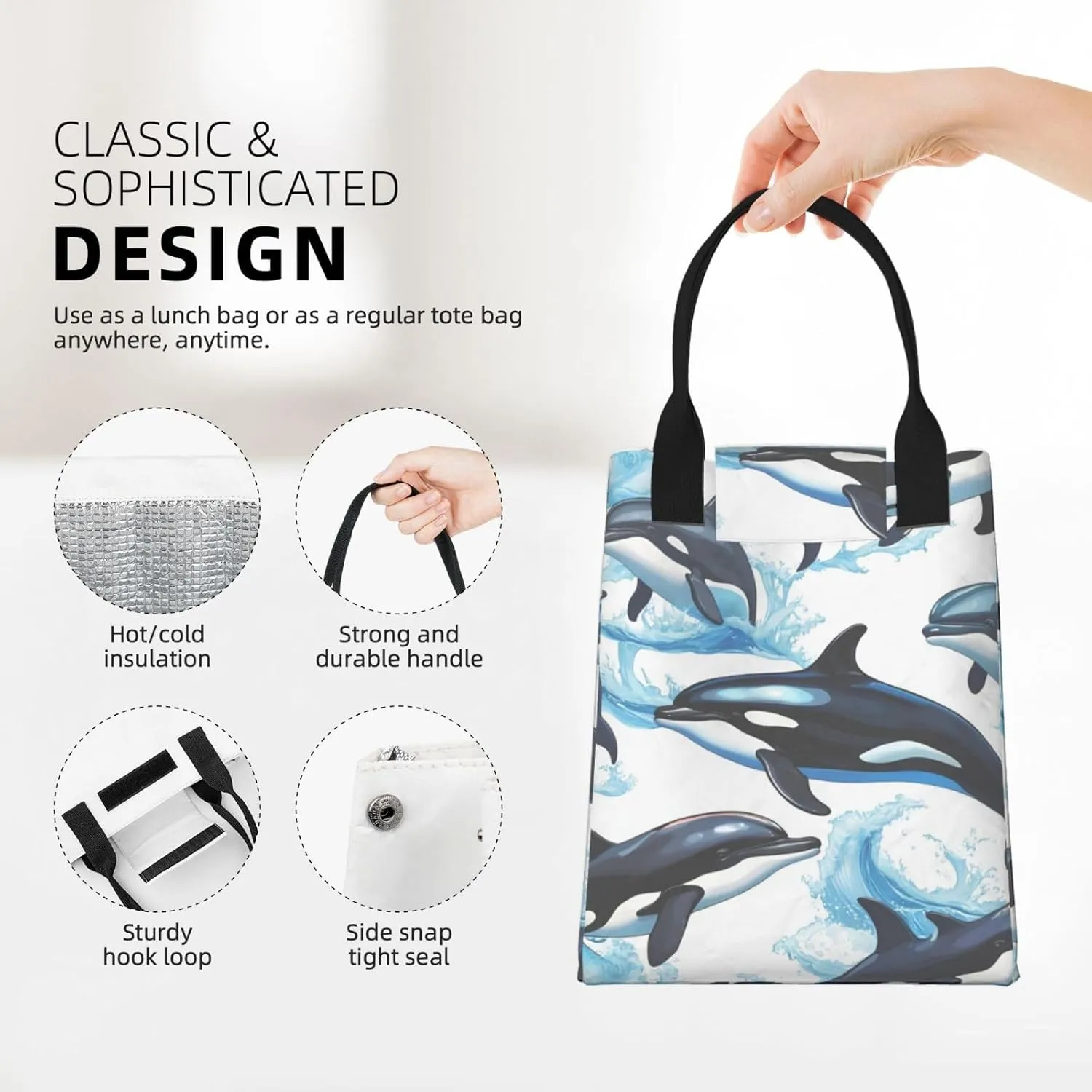 Killer Whale Dolphin Reusable Lunch Box, Paper Bag Sandwich Carrier For Adults, Ideal For Office, Gym, Travel