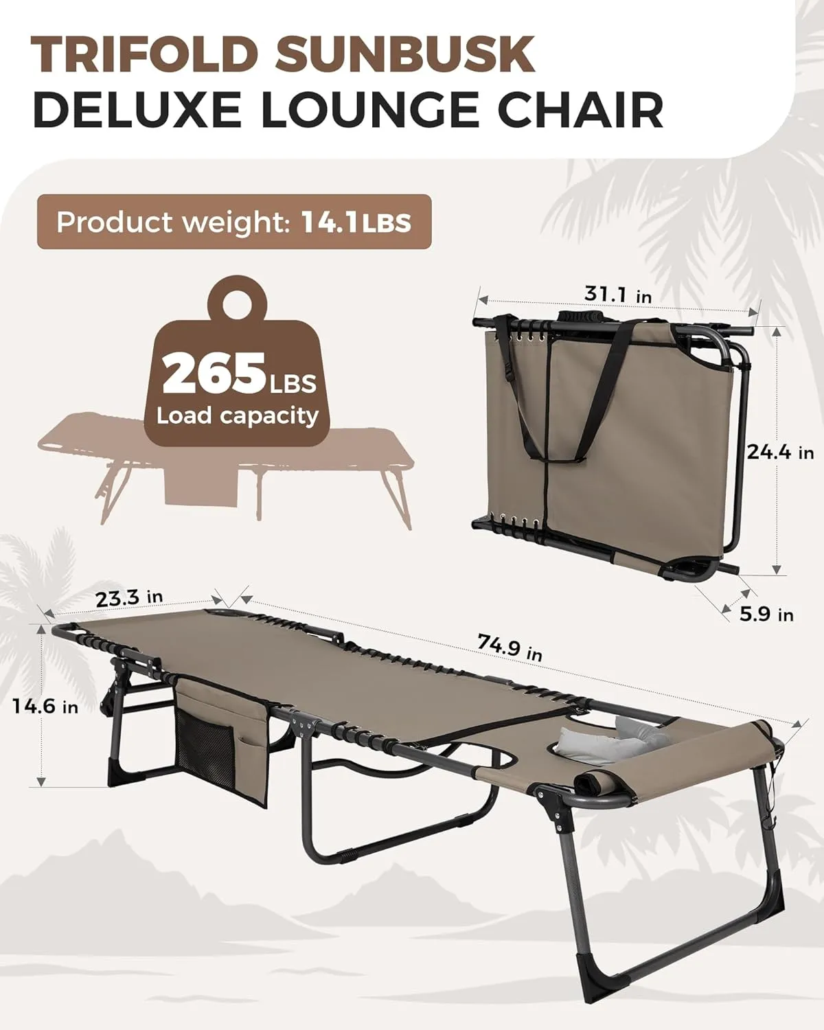 KingCamp Lounge Chair Outdoor, Folding Portable Tanning Chairs Comfy Adjustable 5-Position Lay Flat Foldable Chaise Chaser Lounger with Face Hole for Outside Beach Patio Sun Bathing Pool, Beige