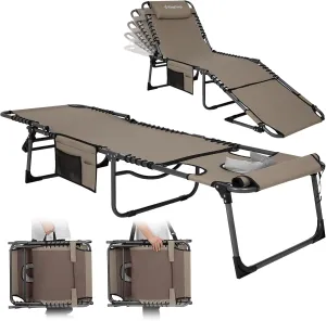 KingCamp Lounge Chair Outdoor, Folding Portable Tanning Chairs Comfy Adjustable 5-Position Lay Flat Foldable Chaise Chaser Lounger with Face Hole for Outside Beach Patio Sun Bathing Pool, Beige