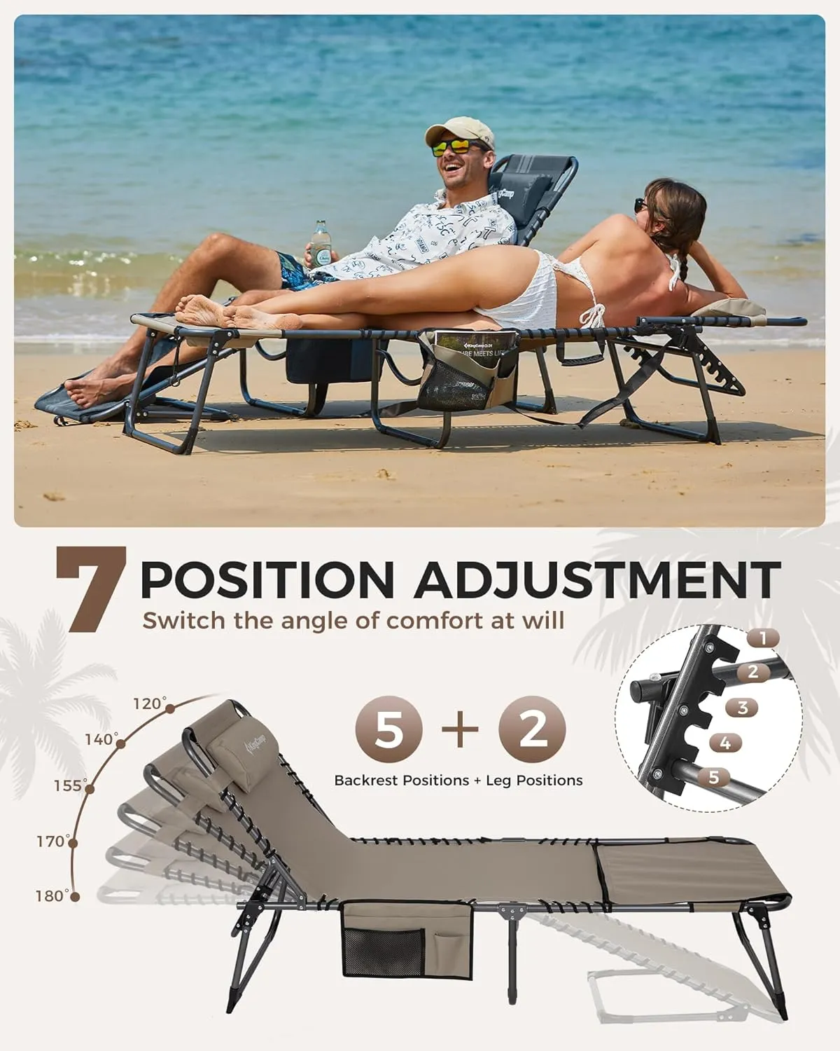 KingCamp Lounge Chair Outdoor, Folding Portable Tanning Chairs Comfy Adjustable 5-Position Lay Flat Foldable Chaise Chaser Lounger with Face Hole for Outside Beach Patio Sun Bathing Pool, Beige