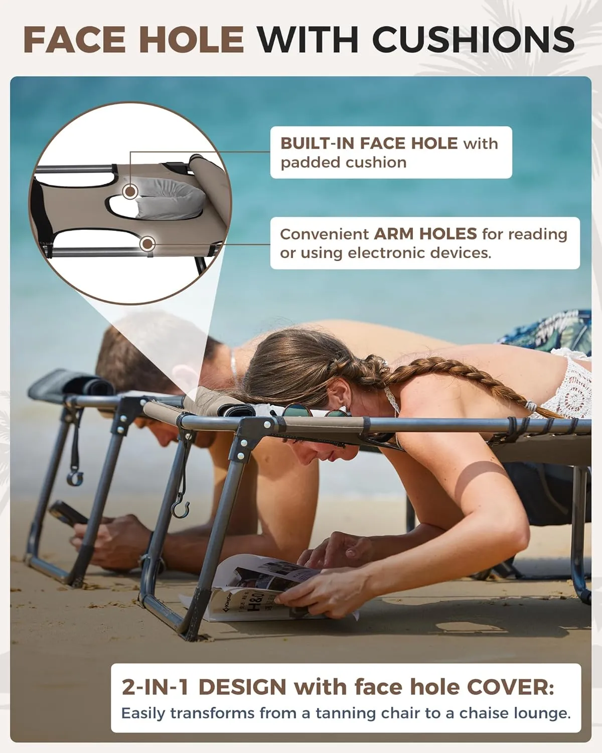 KingCamp Lounge Chair Outdoor, Folding Portable Tanning Chairs Comfy Adjustable 5-Position Lay Flat Foldable Chaise Chaser Lounger with Face Hole for Outside Beach Patio Sun Bathing Pool, Beige