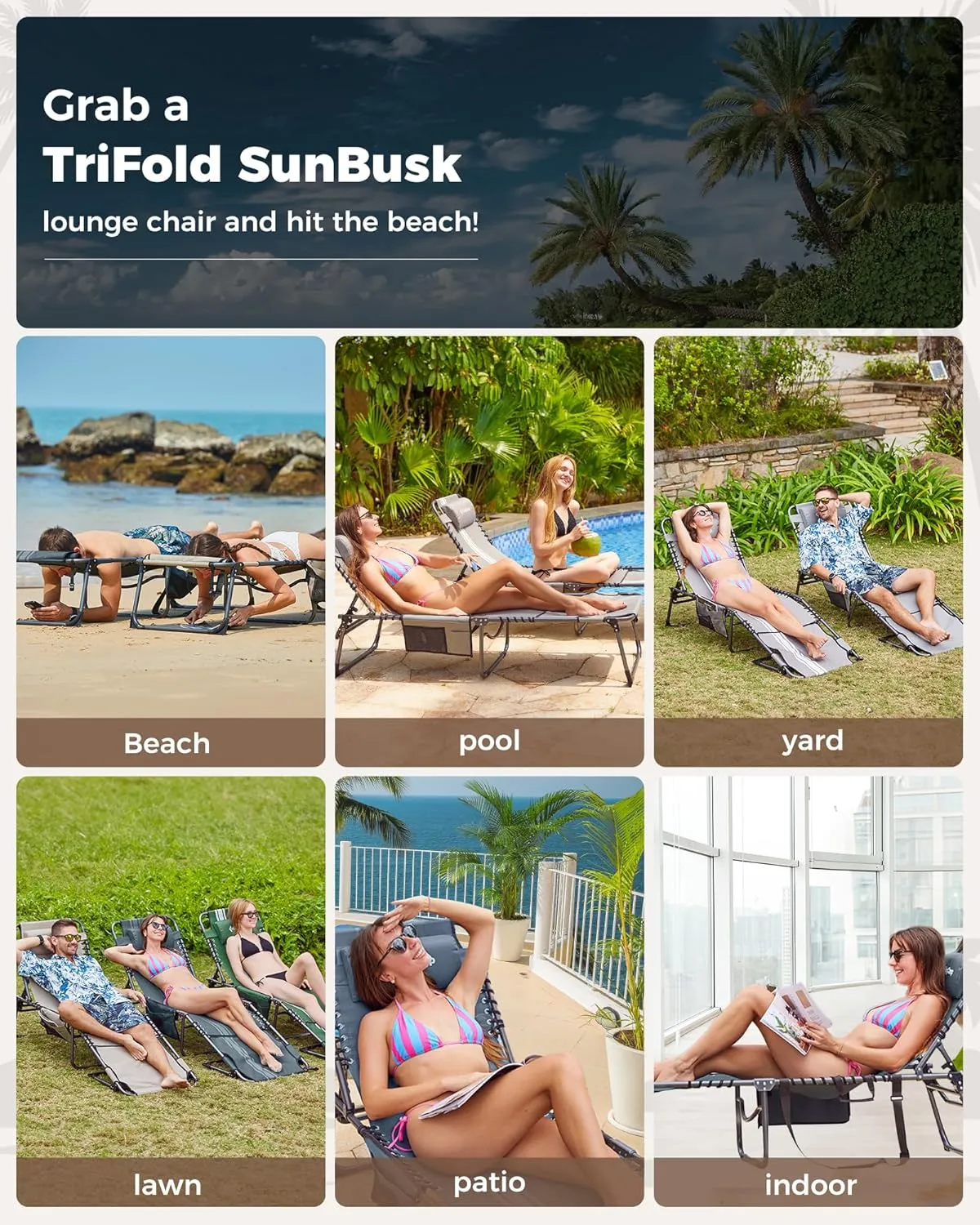 KingCamp Lounge Chair Outdoor, Folding Portable Tanning Chairs Comfy Adjustable 5-Position Lay Flat Foldable Chaise Chaser Lounger with Face Hole for Outside Beach Patio Sun Bathing Pool, Beige