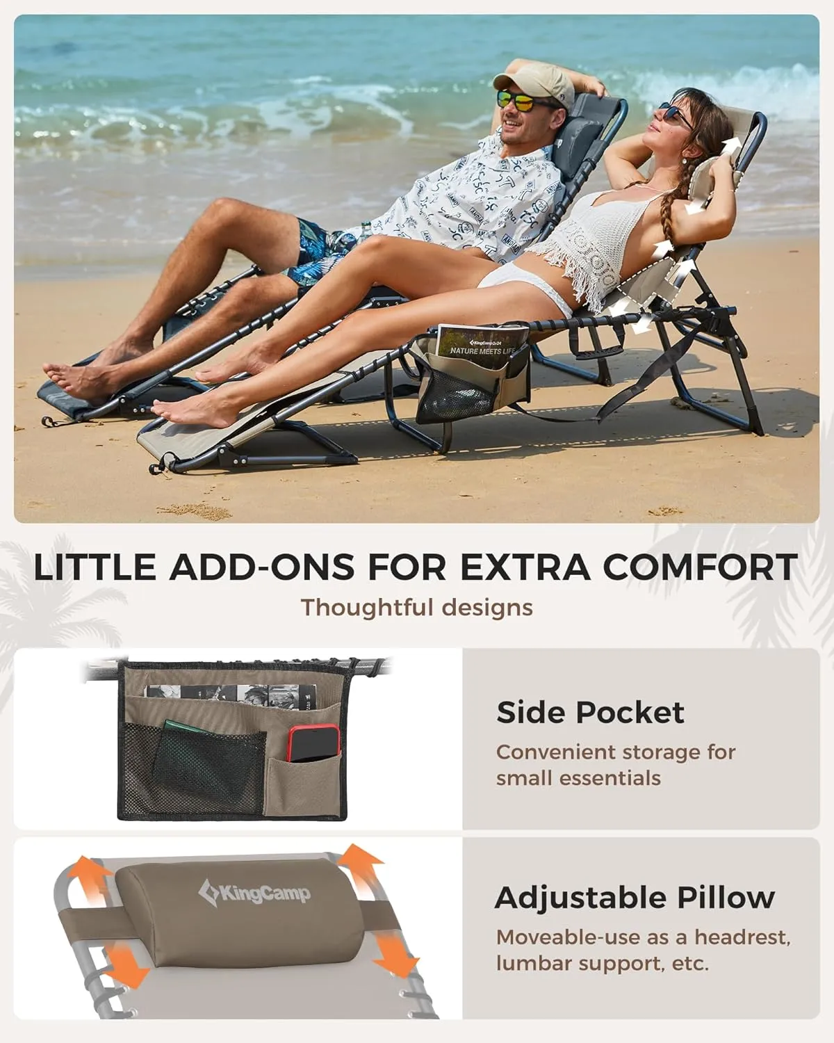 KingCamp Lounge Chair Outdoor, Folding Portable Tanning Chairs Comfy Adjustable 5-Position Lay Flat Foldable Chaise Chaser Lounger with Face Hole for Outside Beach Patio Sun Bathing Pool, Beige