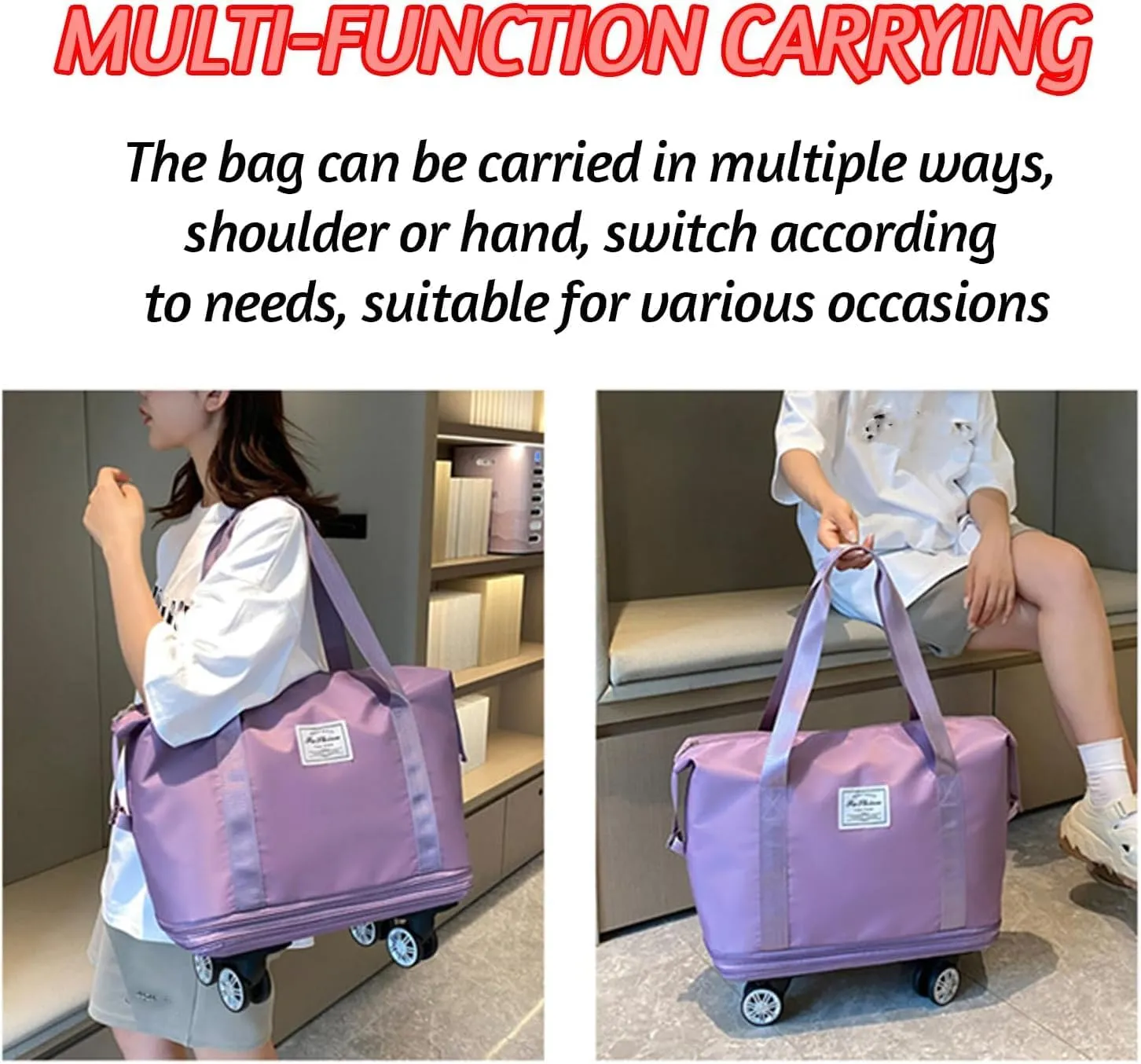 Klarson Expandable Bag with Wheels,Lightweight Durable Rolling Duffle Bag with Wheels,Foldable Suitcase Without Handle with Wheels (Purple,One Size)