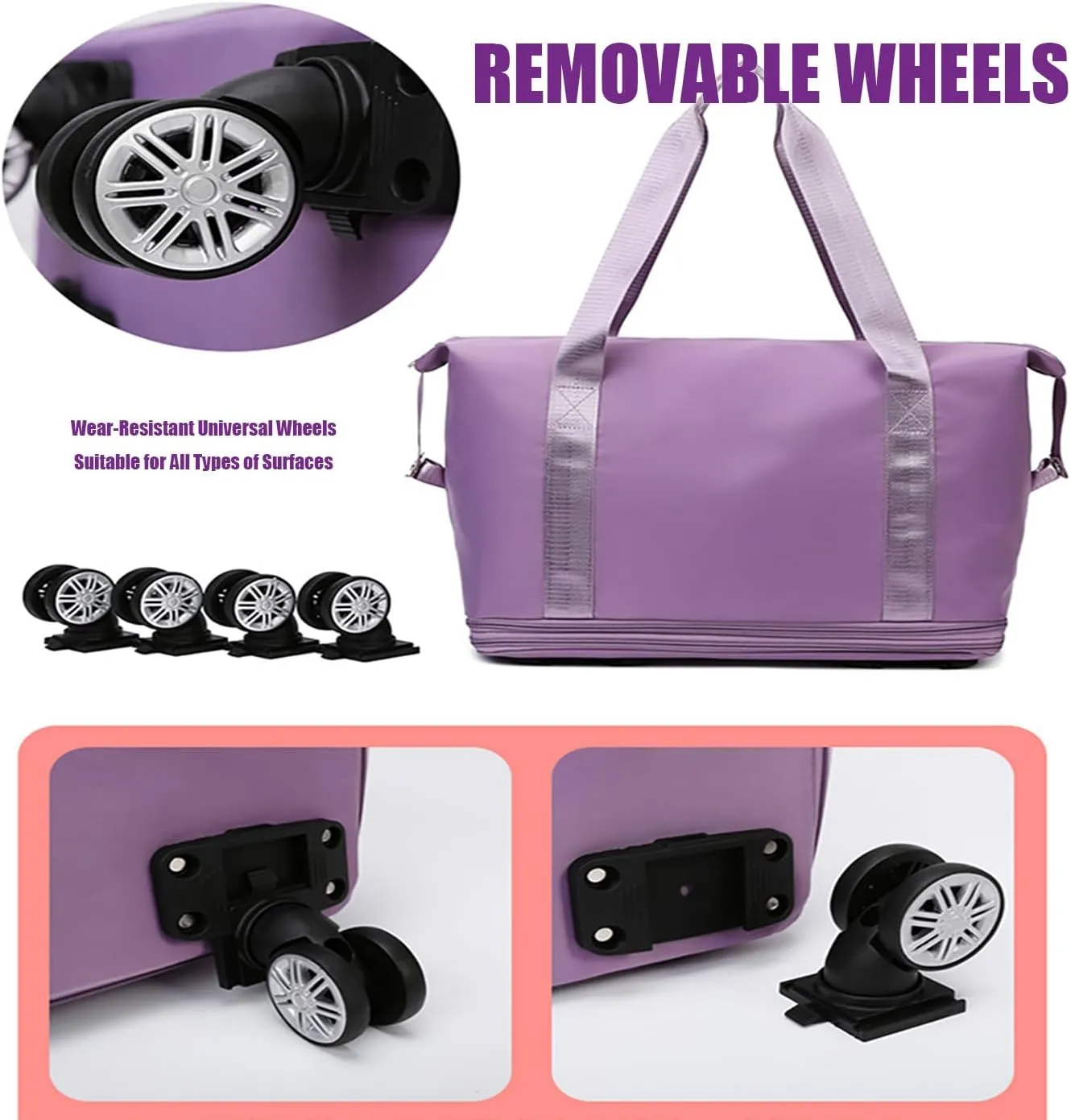Kulken Travel Bag with Wheels, 2025 New Large Capacity Travel Bag with Removable Wheels, For Short Waterproof Travel Storage Bags (Gray)