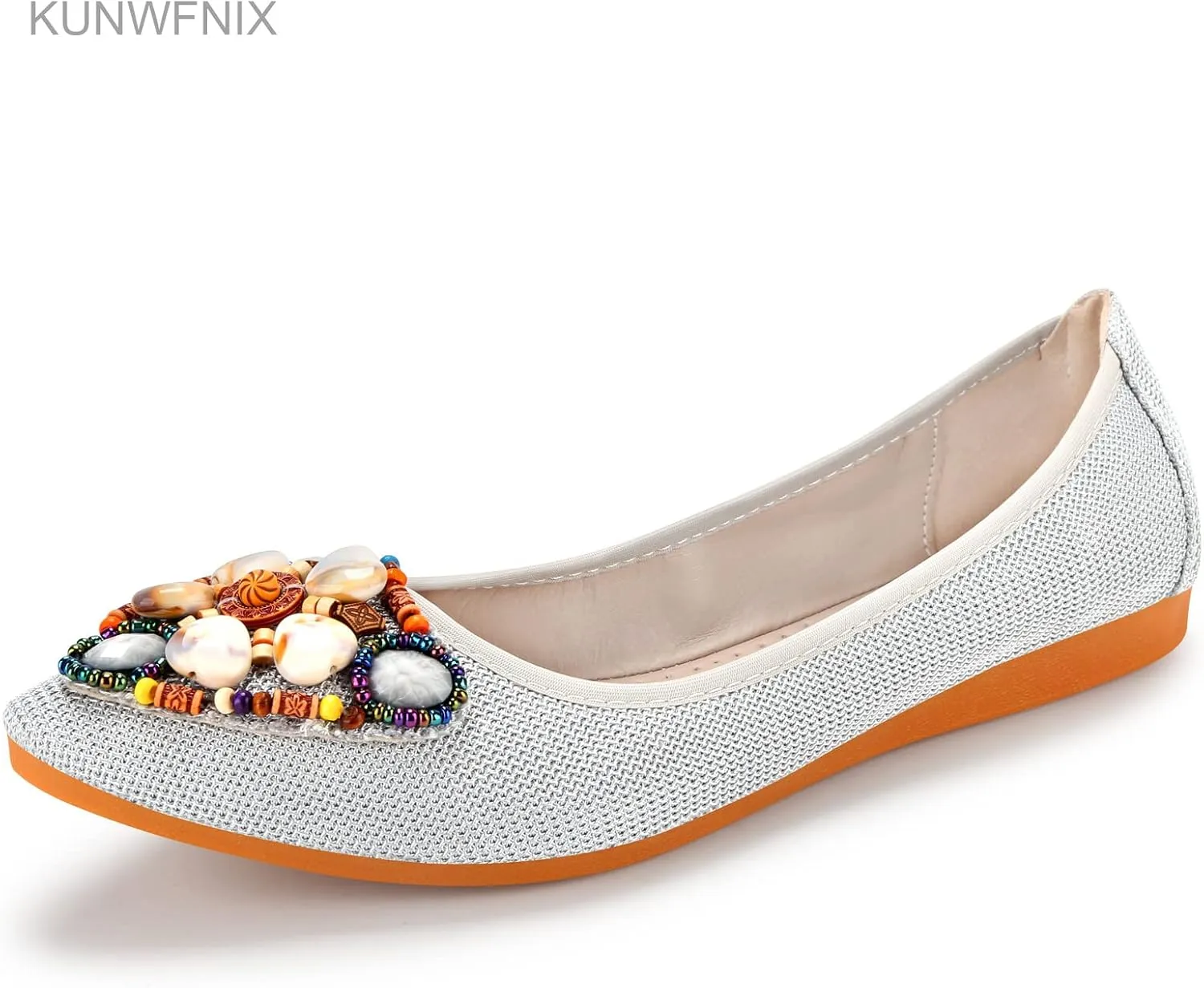KUNWFNIX Women's Ballet Flats Foldable Classic Crown Rhinestone Slip On Flowers PU Leather Pointed Toe Comfort Flat Casual Dress Shoes