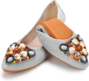 KUNWFNIX Women's Ballet Flats Foldable Classic Crown Rhinestone Slip On Flowers PU Leather Pointed Toe Comfort Flat Casual Dress Shoes