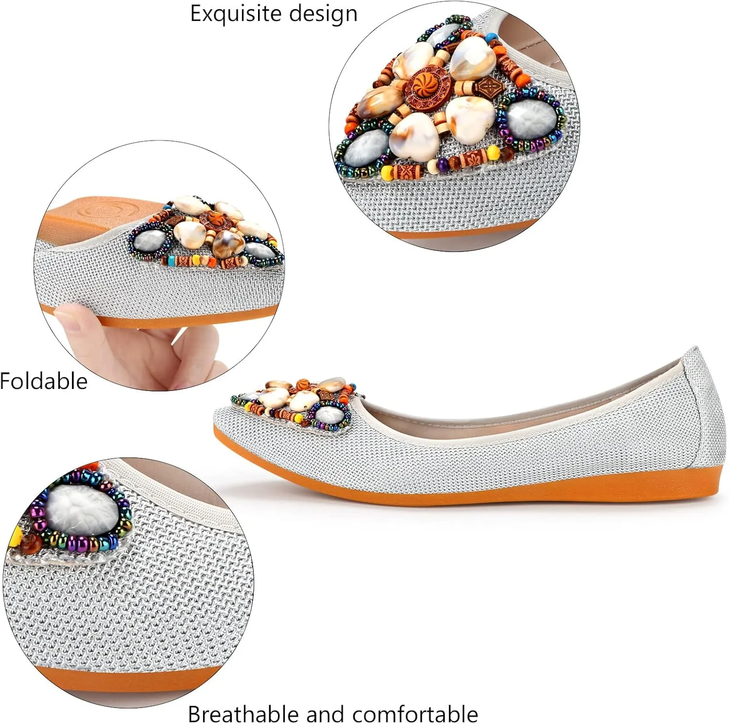 KUNWFNIX Women's Ballet Flats Foldable Classic Crown Rhinestone Slip On Flowers PU Leather Pointed Toe Comfort Flat Casual Dress Shoes
