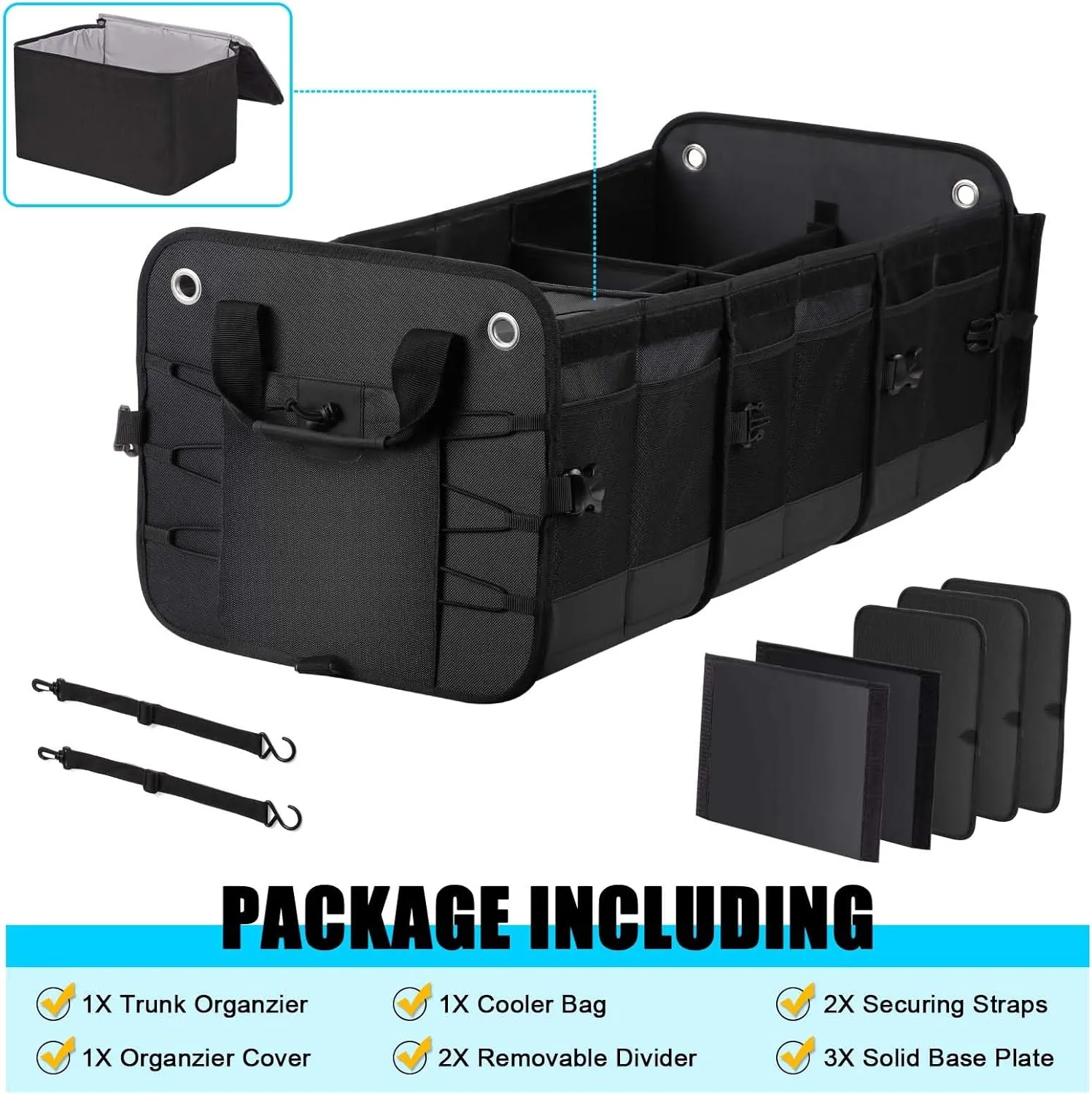 Large Trunk Organizer for Car, SUV, Truck with Removable Cooler Bag-Collapsible Multi Compartments w/Foldable Cover, Non Slip Bottom Cargo Storage (Black)
