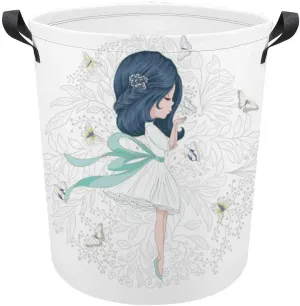 Laundry Baskets Large Foldable Clothes Hamper Handles Beautiful girl with butterflies and flowers vector design. Oxford Cloth Waterproof Lining Home Organizer Dirty Clothes Toys 16.5 x 17.3 Inch