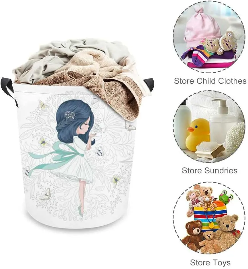 Laundry Baskets Large Foldable Clothes Hamper Handles Beautiful girl with butterflies and flowers vector design. Oxford Cloth Waterproof Lining Home Organizer Dirty Clothes Toys 16.5 x 17.3 Inch