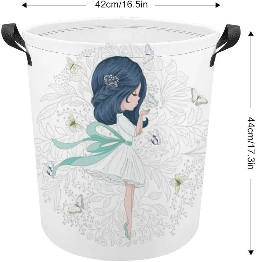 Laundry Baskets Large Foldable Clothes Hamper Handles Beautiful girl with butterflies and flowers vector design. Oxford Cloth Waterproof Lining Home Organizer Dirty Clothes Toys 16.5 x 17.3 Inch