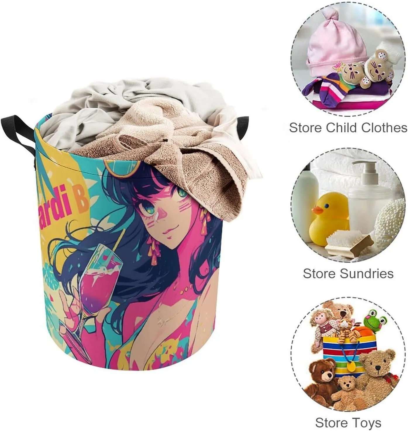 Laundry Hampers, Large Drawstring Laundry Bag, Removable Laundry Bags, Collapsible Storage Bin with Handles for Home Organization, Kids Room, Nursery Art