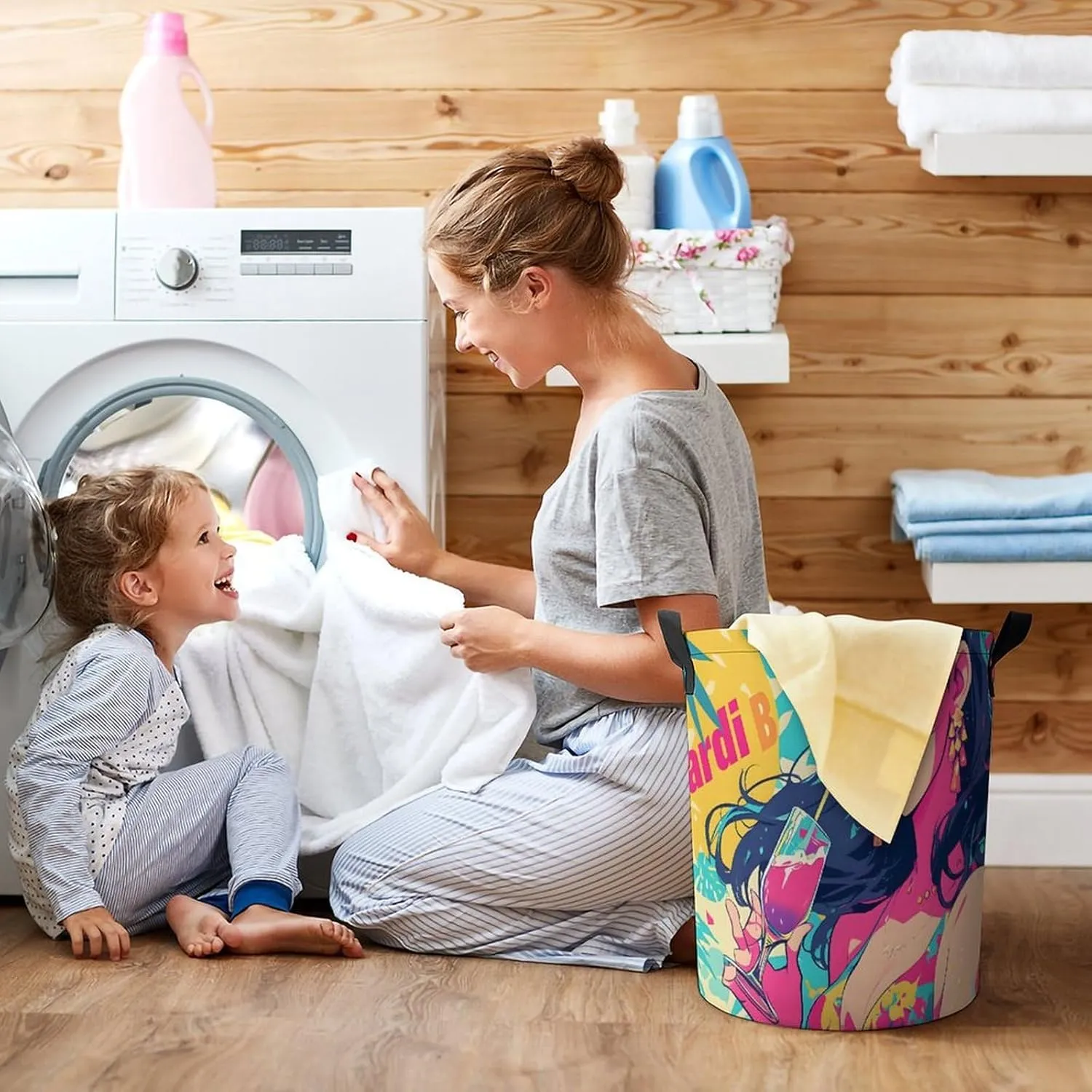 Laundry Hampers, Large Drawstring Laundry Bag, Removable Laundry Bags, Collapsible Storage Bin with Handles for Home Organization, Kids Room, Nursery Art