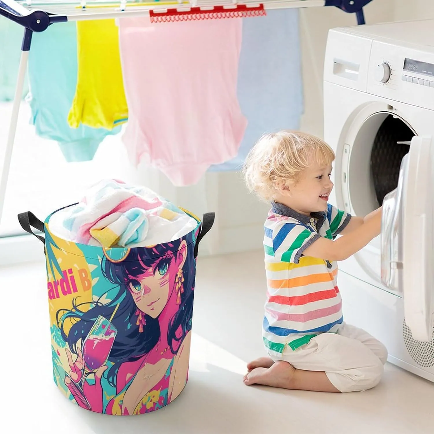 Laundry Hampers, Large Drawstring Laundry Bag, Removable Laundry Bags, Collapsible Storage Bin with Handles for Home Organization, Kids Room, Nursery Art