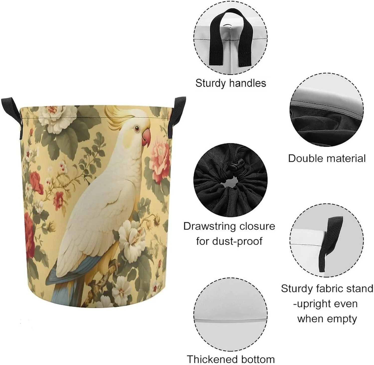 Laundry Hampers, Large Drawstring Laundry Bag, Removable Laundry Bags, Collapsible Storage Bin with Handles for Home Organization, Kids Room, Nursery Bird