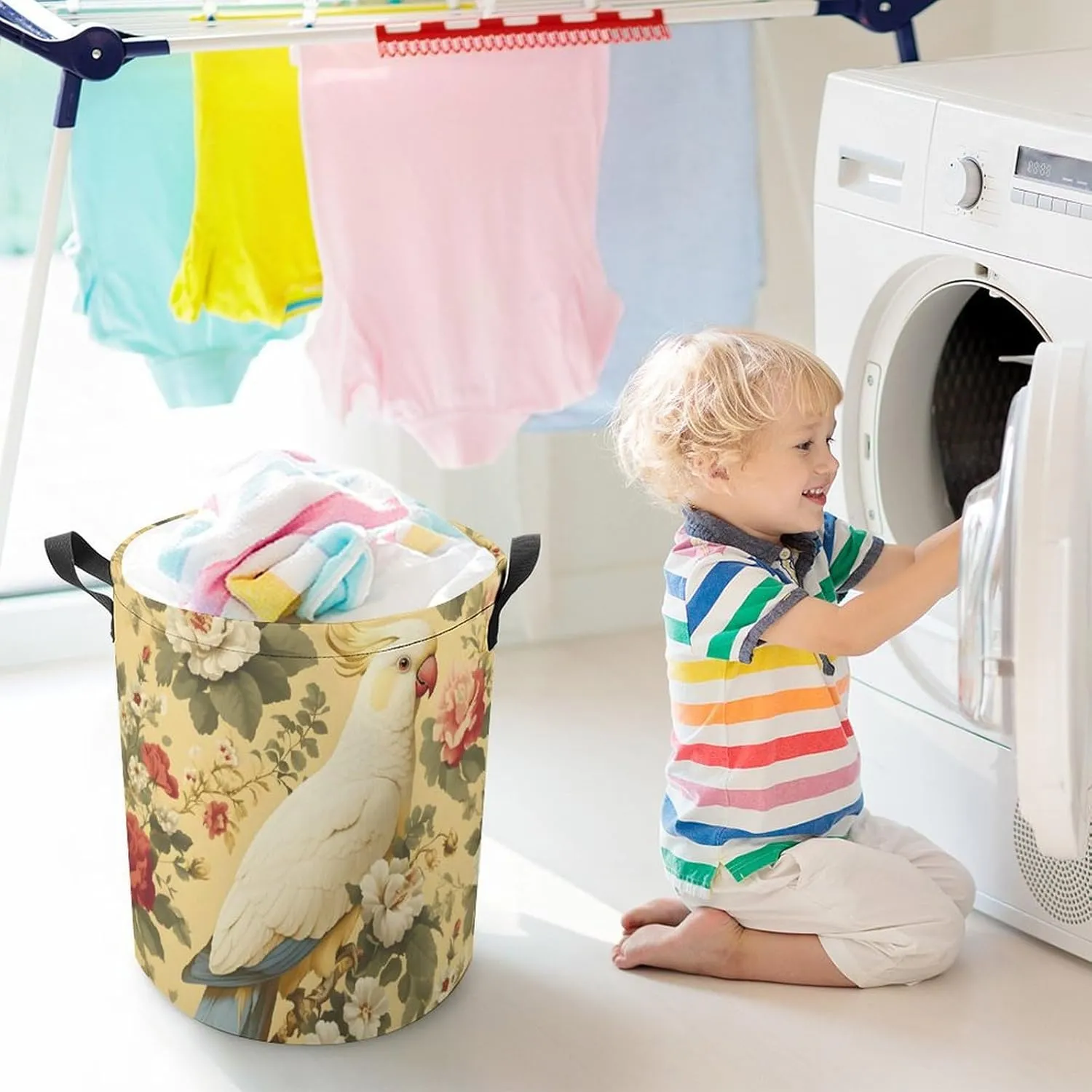 Laundry Hampers, Large Drawstring Laundry Bag, Removable Laundry Bags, Collapsible Storage Bin with Handles for Home Organization, Kids Room, Nursery Bird