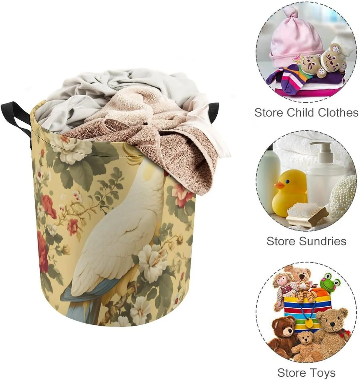 Laundry Hampers, Large Drawstring Laundry Bag, Removable Laundry Bags, Collapsible Storage Bin with Handles for Home Organization, Kids Room, Nursery Bird