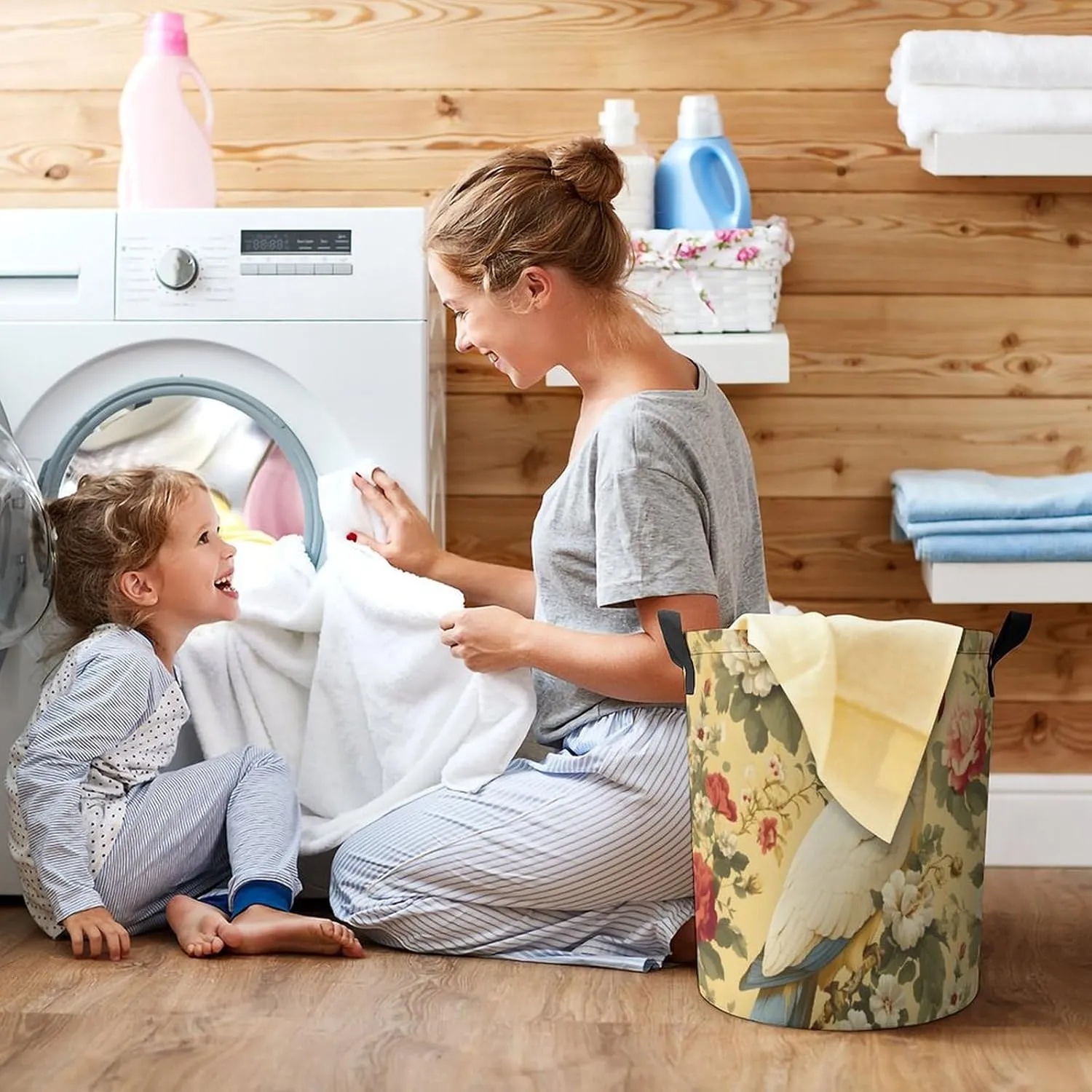 Laundry Hampers, Large Drawstring Laundry Bag, Removable Laundry Bags, Collapsible Storage Bin with Handles for Home Organization, Kids Room, Nursery Bird