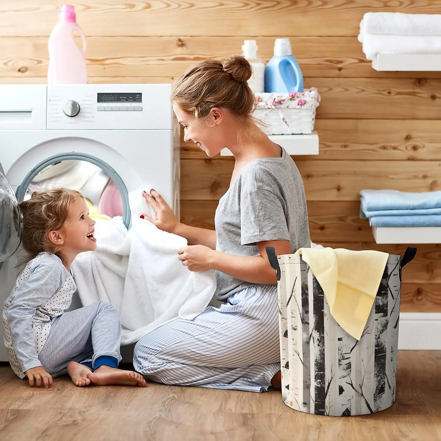 Laundry Hampers, Large Drawstring Laundry Bag, Removable Laundry Bags, Collapsible Storage Bin with Handles for Home Organization, Kids Room, Nursery Branch