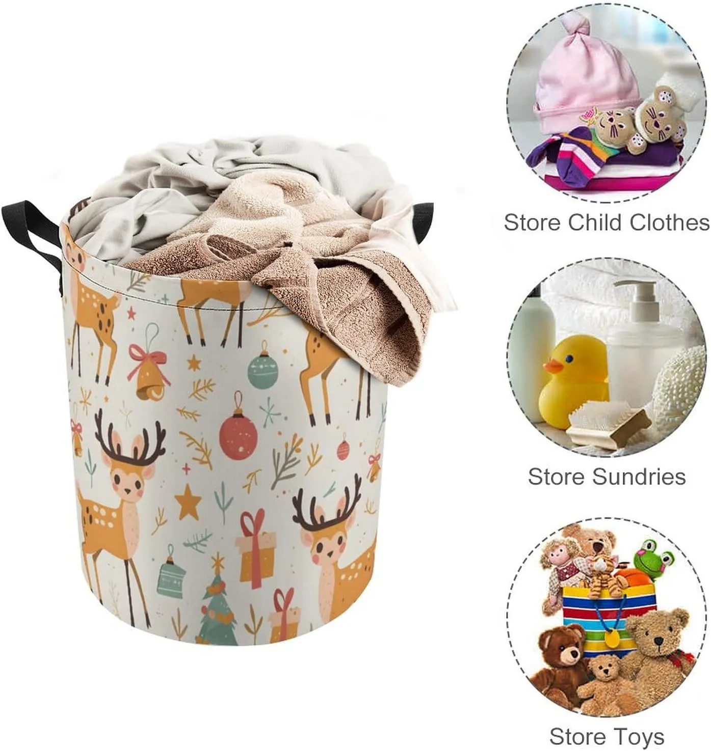 Laundry Hampers, Large Drawstring Laundry Bag, Removable Laundry Bags, Collapsible Storage Bin with Handles for Home Organization, Kids Room, Nursery Deer